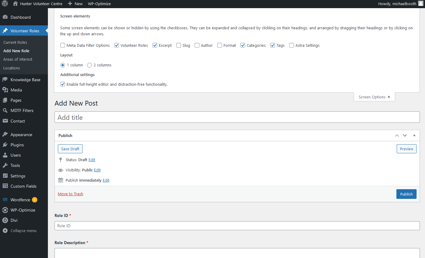 screen options for add roles page
